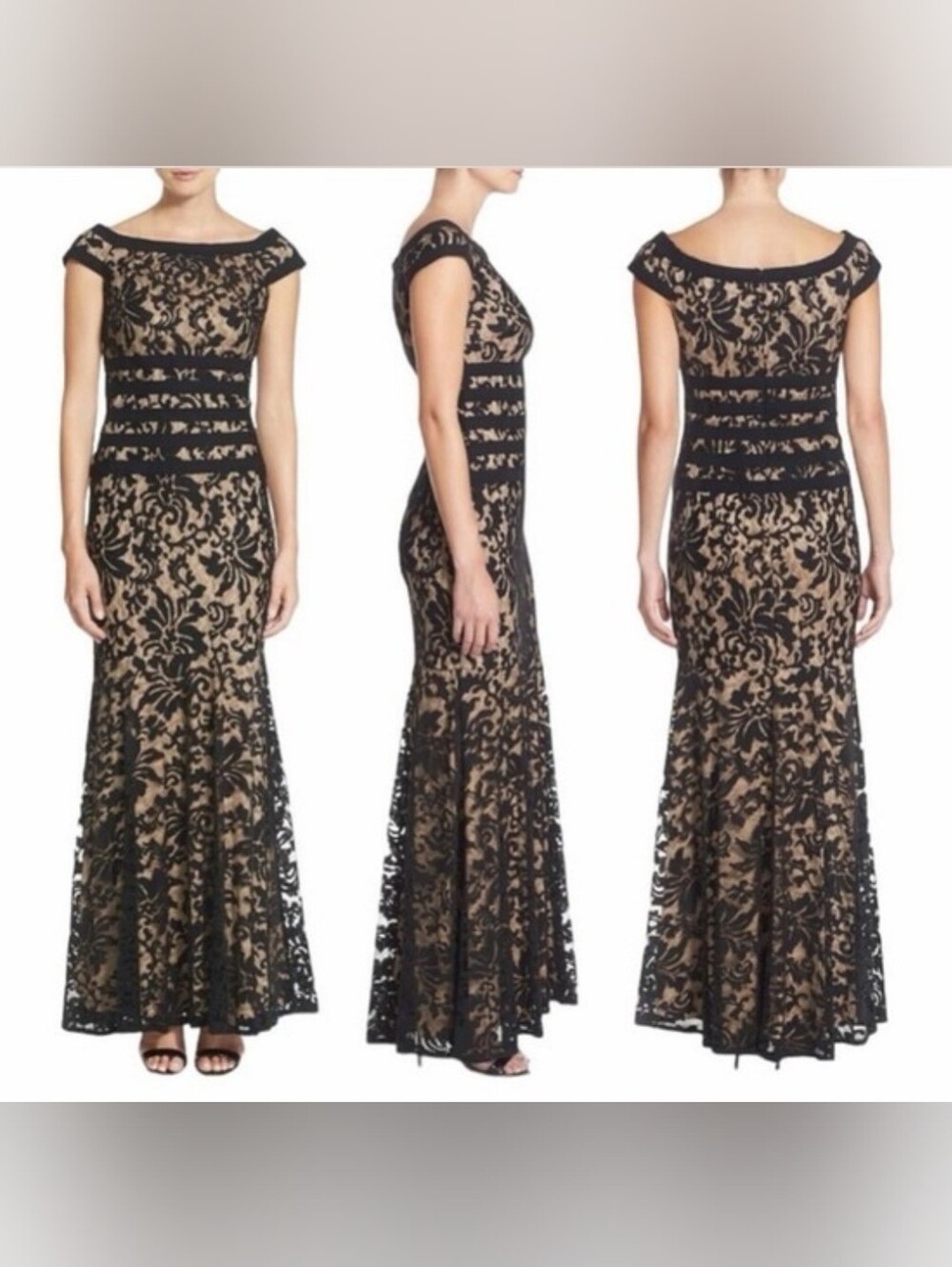 Tadashi Shoji Lace Stripe Formal Evening Cocktail Wedding Guest Mermaid Dress